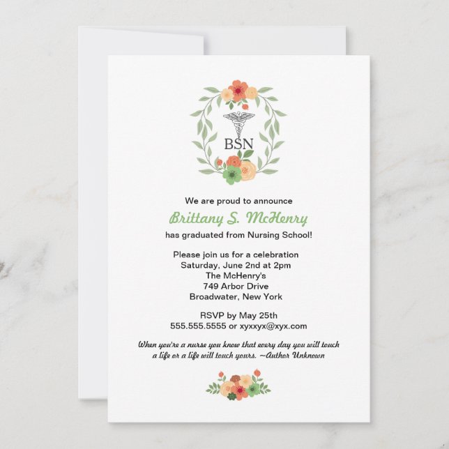 Floral caduceus Nurse pinning graduation BSN RN Invitation (Front)