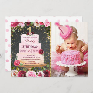 Floral Cake 1st Birthday Invitation With Photo