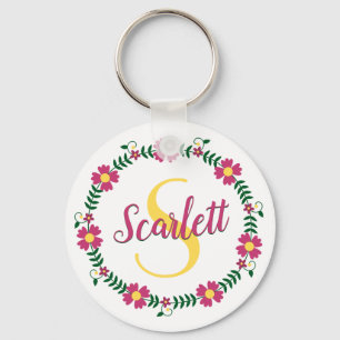 Floral Calligraphy Cursive Script Name Monogrammed Key Ring