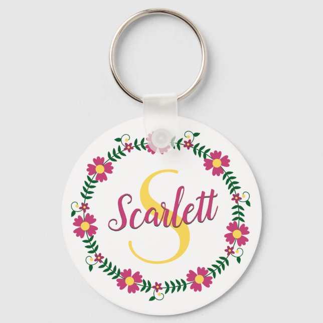 Floral Calligraphy Cursive Script Name Monogrammed Key Ring (Front)
