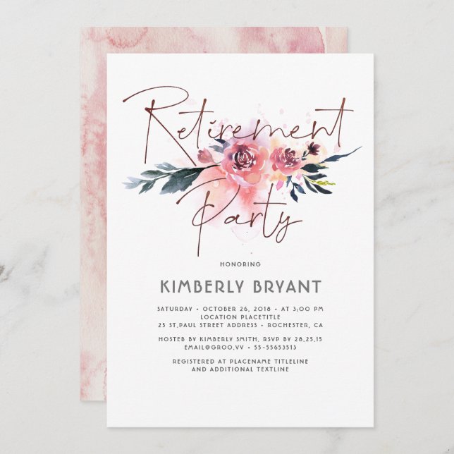 Floral Calligraphy Elegant Modern Retirement Party Invitation (Front/Back)