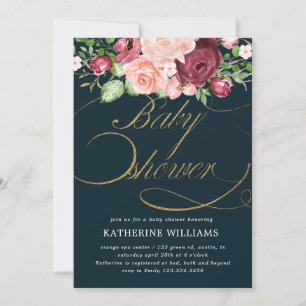floral calligraphy gold baby shower invitation