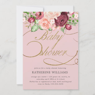 floral calligraphy gold baby shower invitation