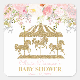 Floral Carousel Blush Pink and Gold Baby Shower Square Sticker