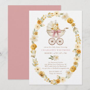 Floral Carriage Baby Shower Blush Pink Design Invitation