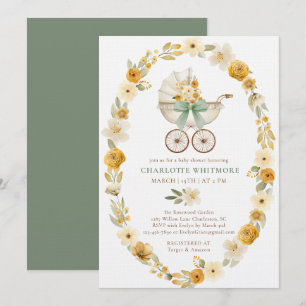 Floral Carriage Baby Shower Sage Green Design Invitation