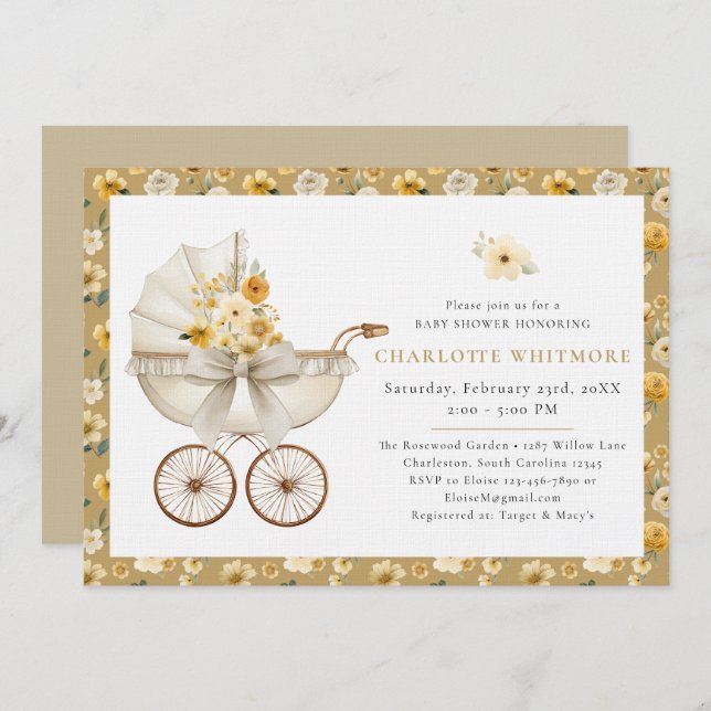 Floral Carriage Beige Baby Shower Invitation (Front/Back)