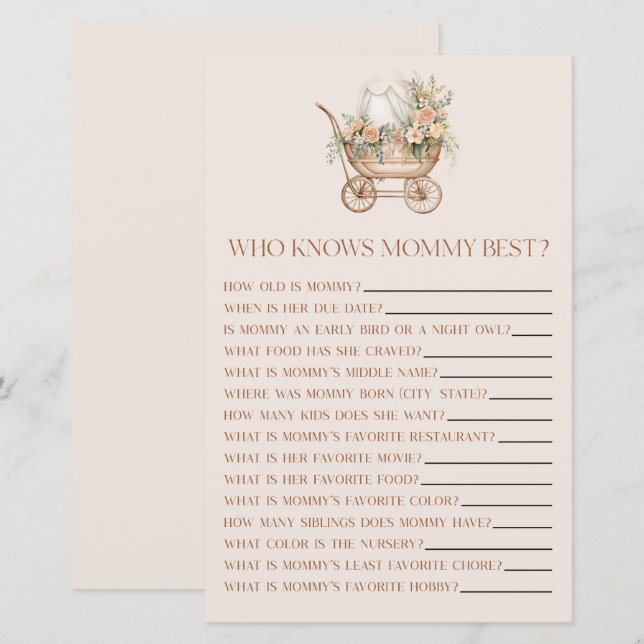 Floral Carriage Who Knows Mummy Baby Shower Game (Front/Back)
