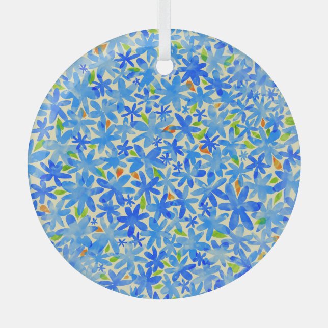 Floral Cascade: Blue Flowers Seamless Pattern Glass Tree Decoration (Front)