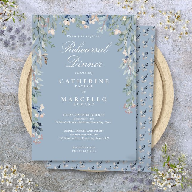 Floral Cascade Dusty Blue Rehearsal Dinner Invitation (Floral Cascade Dusty Blue Rehearsal Dinner Invitation)