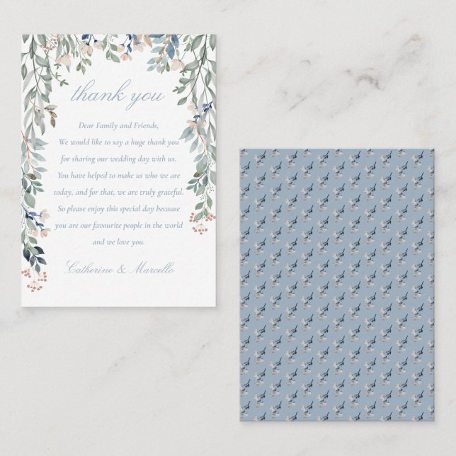 Floral Cascade Dusty Blue Wedding Thank You Place Card (Front/Back)