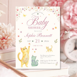 Floral Cat Baby Shower Invitation for Girls