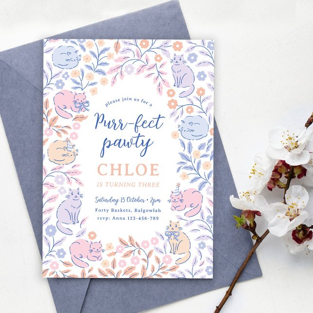 Floral Cat Birthday Invitation, Girls Cat Party  Invitation (Creator Uploaded)