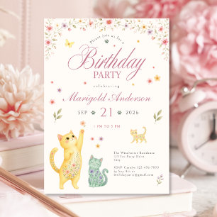 Floral Cat Birthday Party Invitation for Girls