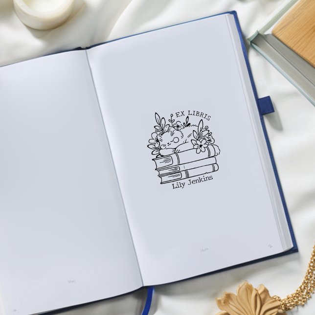 Floral Cat Bookplate Rubber Stamp (Creator Uploaded)
