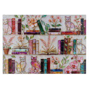 Floral Cat Bookshelf Glass Cutting Board Decor