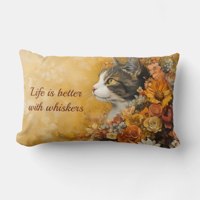 Floral Cat & Custom Quote Lumbar Cushion (Front)