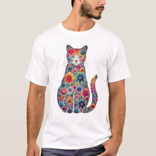 Floral Cat Embroidery T-Shirt Design PNG   Vibrant