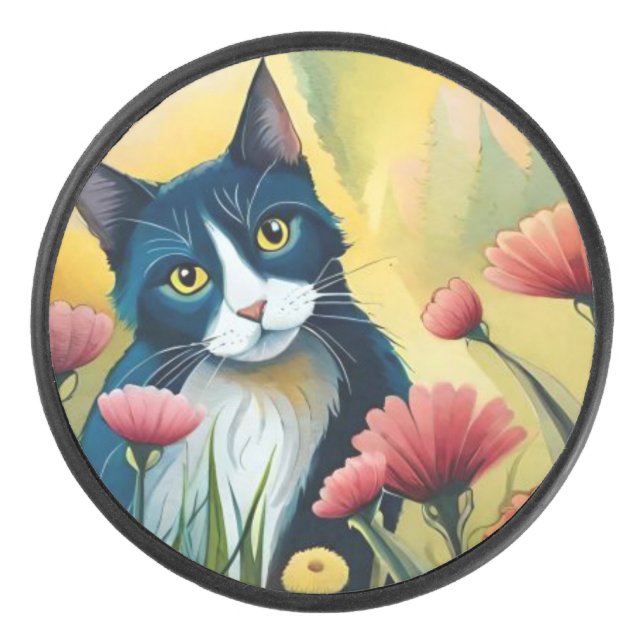 FLoral cat  Hockey Puck (Front)