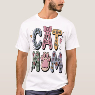 Floral Cat Mom with Paw Print T-Shirt