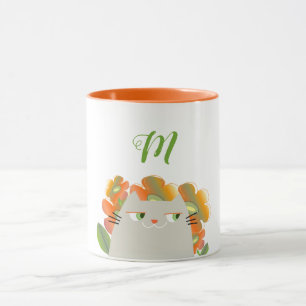 Floral Cat Mug Monogram Orange Green Cute