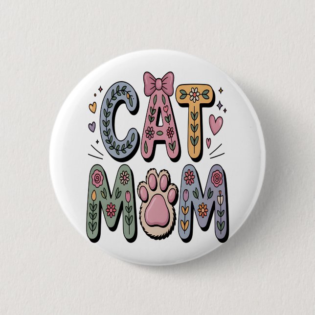 Floral Cat Mum with Paw Print 6 Cm Round Badge (Front)