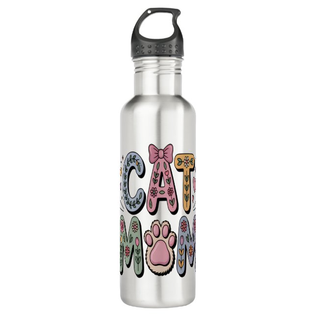 Floral Cat Mum with Paw Print 710 Ml Water Bottle (Front)