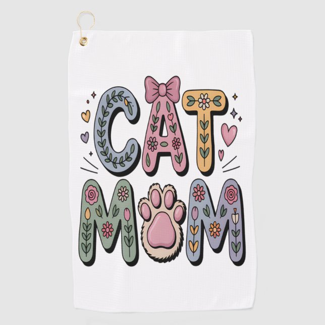 Floral Cat Mum with Paw Print Golf Towel (Front)