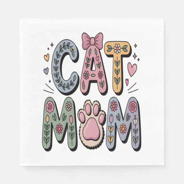 Floral Cat Mum with Paw Print Napkin (Front)