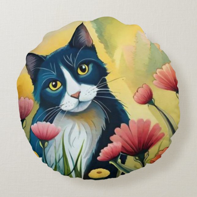 FLoral cat  Round Cushion (Back)