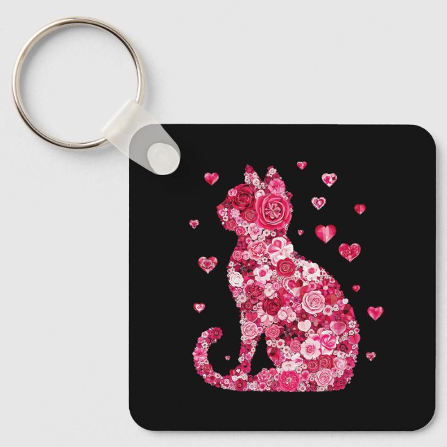 Floral Cat Silhouette Art Key Ring (Front)