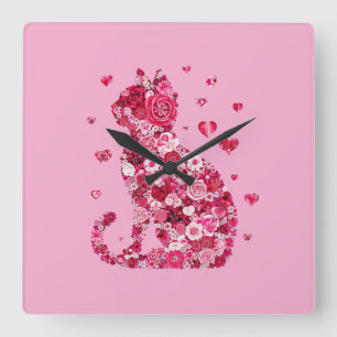 Floral Cat Silhouette ArtFaux Wrapped Canvas Print Square Wall Clock