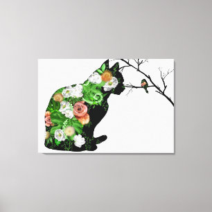 Floral Cat Silhouette Canvas Print