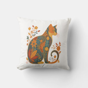Floral Cat Silhouette � Colourful Vintage Botanica Cushion