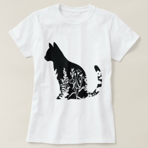 Floral Cat Silhouette Minimalist Design T-Shirt