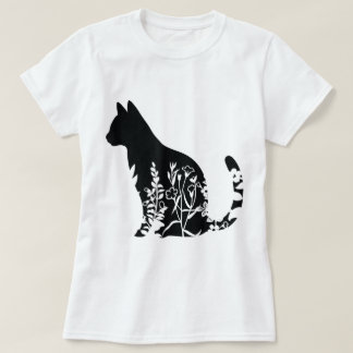 Floral Cat Silhouette Minimalist Design T-Shirt