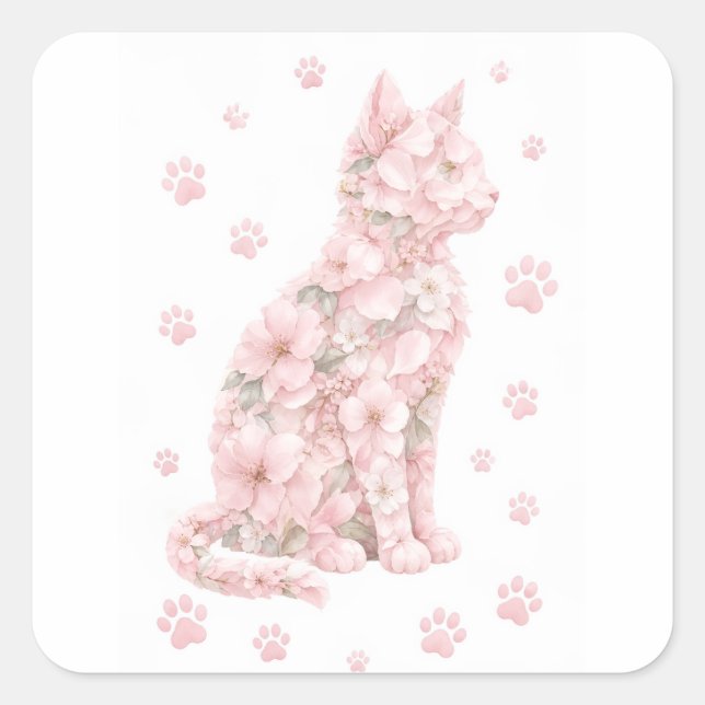 Floral Cat Silhouette Square Sticker (Front)