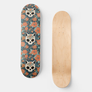 Floral Cat Skull With Orange Flowers On Dark Green Skateboard