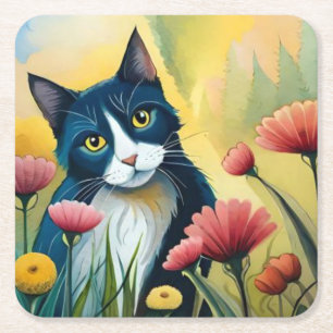 FLoral cat Square Paper Coaster