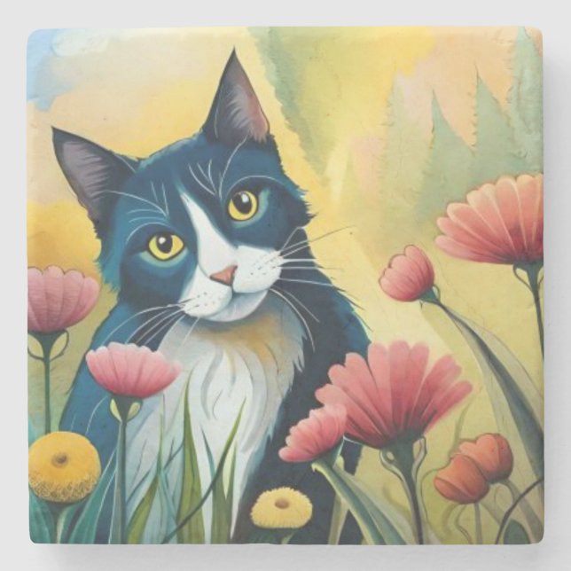 FLoral cat  Stone Coaster (Front)