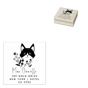Floral CAT Style Return Address Wooden Rubber  Stamp