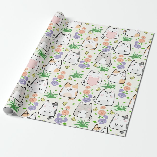 Floral Cat Wrapping Paper - Cartoon Cats Flowers (Unrolled)