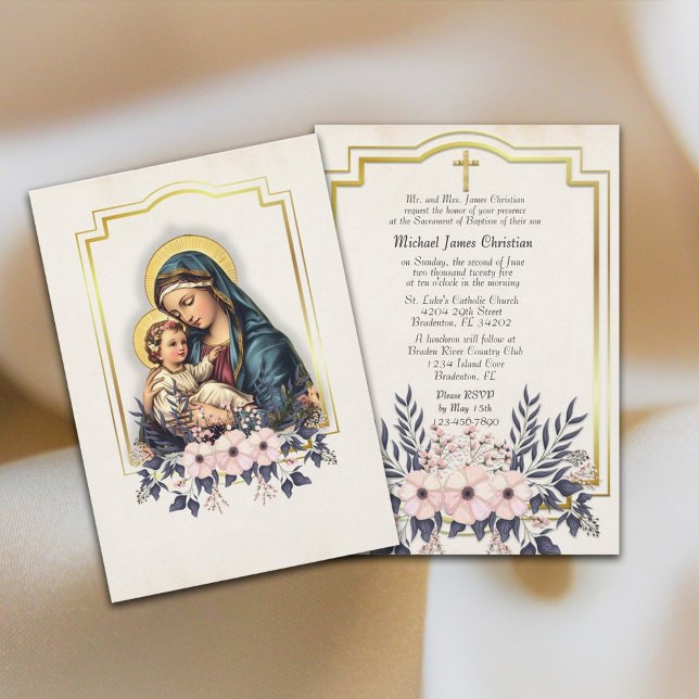 Floral Catholic Baptism Blessed Mother Jesus Invitation (Creator Uploaded)