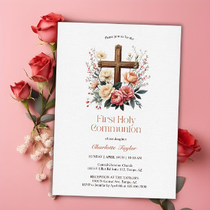 Floral Catholic Cross First Holy Communion Invitation