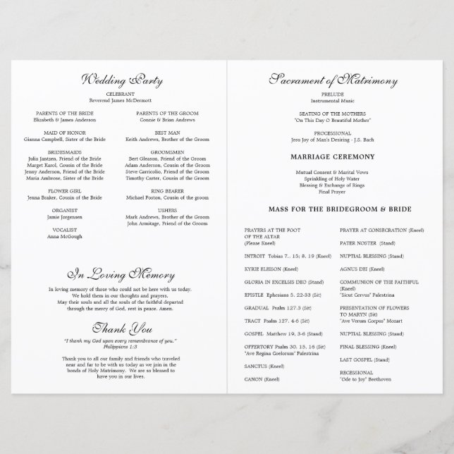 Floral Catholic Mass Wedding  Program (Back)