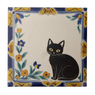Floral Cats - Cute Black Cat & Orange Flowers Tile