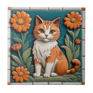 Floral Cats - Ginger Cat & Orange Flowers Garden Tile