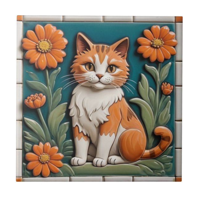 Floral Cats - Ginger Cat & Orange Flowers Garden Tile (Front)