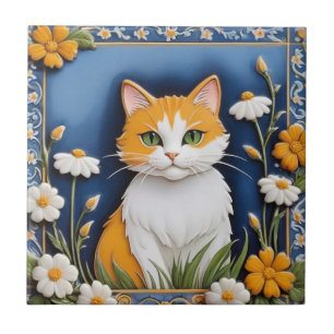 Floral Cats - Ginger Cat Orange White Flowers Blue Tile