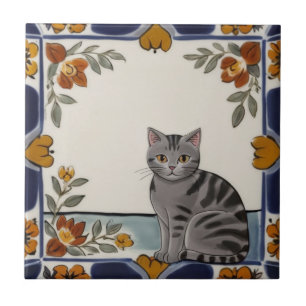 Floral Cats - Grey Tabby Cat & Orange Red Flowers Tile